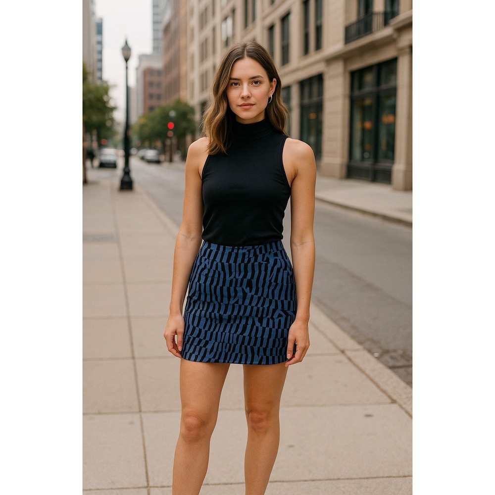 Armani Exchange Women's Blue Black Abstract Mini Skirt Size 6 Side Zip